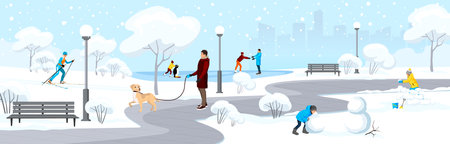 People in cityscape, snowy town park at cold winter season with snowflakes. Skaters couple on frozen lake ice. Man walking on path with dog, kid rolling a snowman, woman skiing. vector illustration.のイラスト素材