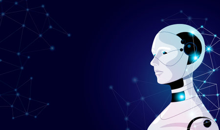 Cyborg face, female robot, Humanoid head. Banner of futuristic robot with artificial intelligence. Revolution mind technologies of bionic science. Future evolution of humanity. vector illustrationのイラスト素材