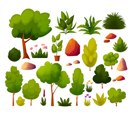 Set of green trees, bushes, grass, stones, blooming flower for landscaping the landscape of garden architecture, backyard, outdoors lawn. Collection with decorative bushes. vector illustrationのイラスト素材