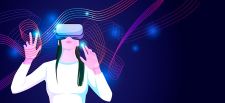 Woman in headset, glasses painting colorful lines by fingers in virtual reality world, space, universe. Digital technologies abstract hologram. Experience of augmented interactive. vector illustrationのイラスト素材