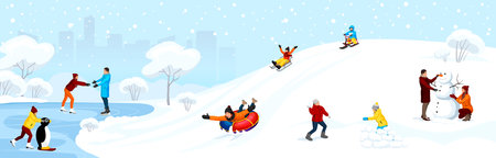 People enjoy in cityscape park at snowy winter season with snowflakes. Skaters on frozen lake ice. Kid drive snow scooter, sliding on tubing. Man, woman and child making snowman. vector illustration.のイラスト素材