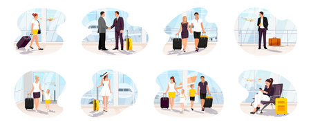Set of tourist characters isolated on white background. People passenger travel with luggage. Young couple family with children. Summer vacation clip art with woman, man, person. vector illustrationのイラスト素材