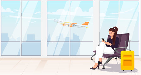 Business woman in airport terminal interior. Lady passenger wait departure in hall with yellow luggage. Aircraft, airplane outside big window. Time to travel flat banner, poster. vector illustrationのイラスト素材