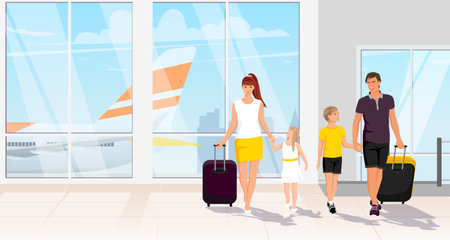 Happy tourist family with children, young boy, girl in airport terminal interior. Passengers in arrival, departure hall with luggage. Aircraft, airplane background. Time to travel. vector illustrationのイラスト素材