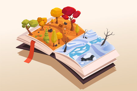 Isometric illustration with open book. Off season winter with frozen river and snow in central park. Cartoon cityscape, landscape with autumn trees. 3D design of reading storybook. vector illustrationのイラスト素材