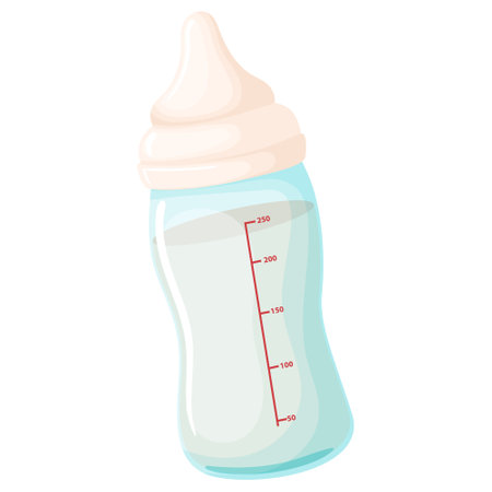 Baby item icon in realistic flat design. Safe measurement bottle with silicone nipple for newborn. Milk dairy nutrition for kid and motherhood care. Vector illustration isolated on white backgroundのイラスト素材