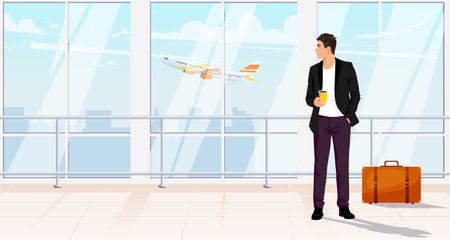 Business man in airport terminal interior. Man in black suit with coffee cup, passenger in departure hall with luggage. Aircraft, airplane flies outside window. flat banner poster. vector illustrationのイラスト素材