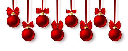 Christmas balls with ribbon and bows isolated on white background. Baubles hanging on red tape. Glass toy with painted ornament for greeting card template. Beautiful banner, poster Vector illustrationのイラスト素材