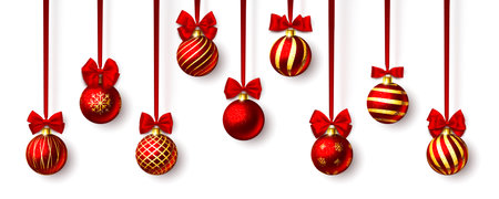 Christmas balls with ribbon and bows isolated on white background. Baubles hanging on red tape. Glass toy with painted ornament for greeting card template. Beautiful banner, poster Vector illustrationのイラスト素材
