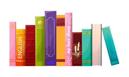 Stack of library books front view. English school literary collection education dictionary, university literature bookstore. Bookshelf of encyclopedia isolated on white background. vector illustrationのイラスト素材