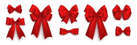Realistic red ribbon bow set isolated on white background. Luxury satin tape, beauty ornament for hairstyle. Elegant design decor icons for packing surprise box, woman present. vector illustrationのイラスト素材