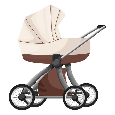 Baby stroller isolated on white background. Pram for newborn. Carriage for little child. Kids pushchair for walking with mother. Luxury brown perambulator infant care transport. vector illustrationのイラスト素材
