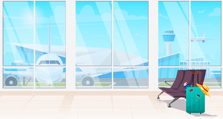 Airport terminal interior background banner. Empty waiting lounge, departure hall with tourist luggage, blue suitcase poster. Airplane, aircraft, plane outside of big window. flat vector illustrationのイラスト素材
