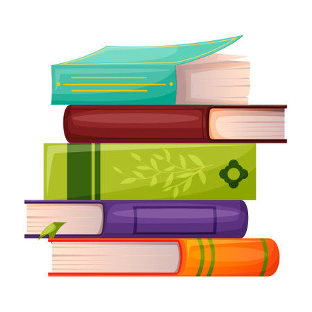Stack of library books front view. English school literary collection education dictionary, university literature bookstore. Bookshelf of encyclopedia isolated on white background. vector illustrationのイラスト素材