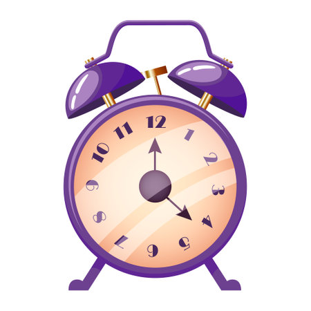 Vintage style alarm clock with metal bells and gold striker. Purple alert timer classic design icon. Violet color watch for home and school. Realistic vector illustration isolated on white backgroundのイラスト素材