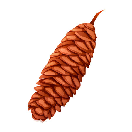 Open fir cone isolated on white background. Brown wood cone, lump cone detailed drawing picture. Decoration, ornament, for logo or emblem. Single nature object graphic design. vector illustrationのイラスト素材