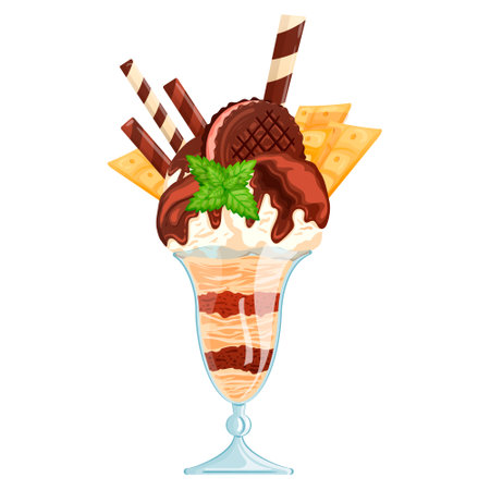 Tasty ice cream large portion in glass jar, cup with chocolate topping. Luxury frozen dessert bowl with waffle cone, tube, mint, cracker. Chef sweets isolated on white background. vector illustrationのイラスト素材