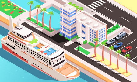 Big cruise liner with pool and spa parked in city port, harbor. Marine journey in tourist hotel at large ship, vessel. Voyage liner, yacht waiting people with tickets. isometric illustrationのイラスト素材