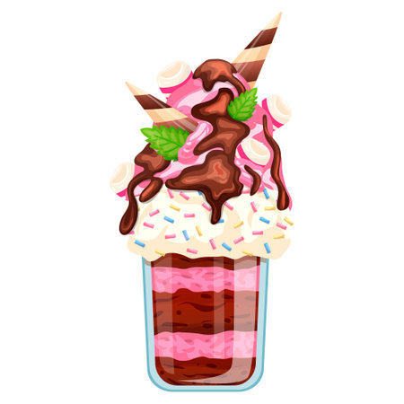 Sweet ice cream large portion in glass jar, cup with chocolate and jam topping. Tasty frozen dessert bowl with waffle cone, tube, mint. Image, print, isolated on white background. vector illustrationのイラスト素材