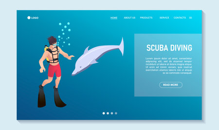 scuba diving poster. Diver man swimming with dolphin. Snorkeling template isometric concept. Traveling, touristic, sport activity, summer underwater hobby landing page web design. vector illustrationのイラスト素材