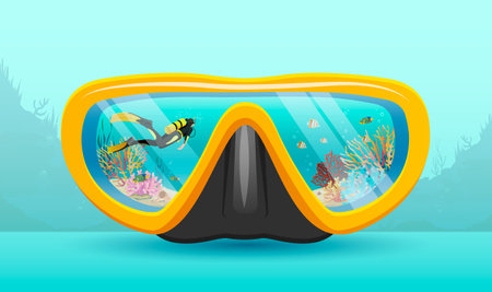 Diving mask with seascape background. Scuba diver swimming underwater on seabed inside glasses. Free diving club concept realistic poster. Summer vacation ocean travel tourism. vector illustrationのイラスト素材