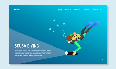 scuba diving poster. Extreme diver with flashlight. Snorkeling template isometric concept. Traveling, touristic sport activity, summer underwater hobby landing page for web design. vector illustrationのイラスト素材