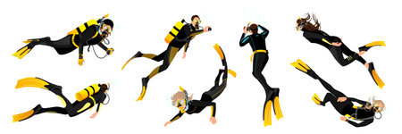 Set of divers characters illustration isolated on white background. People in diving mask, wetsuit gear, diver man and woman. Underwater activity snorkeling and swimming aqualung. vector illustrationのイラスト素材