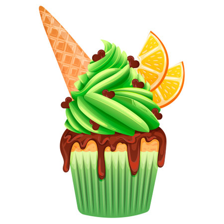 Baked cupcake with green cream topping isolated on white background. Realistic style sweet cake delicious. Exotic dessert decorated mint, wedge of orange. Original christmas muffin vector illustrationのイラスト素材