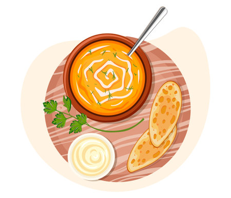 Icon of pumpkin cream soup, lunch meal, vegetarian healthy dinner. Image of tasty mash food menu. Appetizing vegan restaurant plate with spoon. Cuisine fresh cooking, Isolated flat vector illustrationのイラスト素材