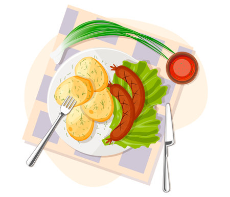 Potatoes pancakes with sausages on green salad. Popular and healthy lunch, dinner meal. Image of traditional food menu. Restaurant plate served napkin, fork, knife. Isolated flat vector illustrationのイラスト素材