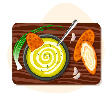 Image of spinach mash food, vegetarian green cream soup healthy dinner. Appetizing vegan restaurant, Tasty, lunch meal menu on wooden kitchen board. Cuisine cooking. Isolated flat vector illustrationのイラスト素材