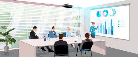 People meeting and sitting at workplace desk on presentation in office cabinet with big window. Woman stands near financial diagram, infographic at hologram from video projector. vector illustrationのイラスト素材