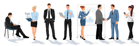 office people panoramic set. Collection of employees isolated on white background. Business manager, man, woman staff characters design. Humans in black suit, formal wear clothes. vector illustrationのイラスト素材