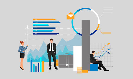 People characters analysis financial data, infographic, colorful diagrams on background. Business project boost and rise, arrows grow up. Young woman and man analyzing update. flat vector illustrationのイラスト素材