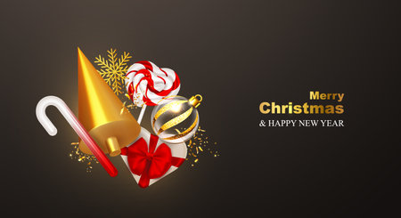 Merry Christmas and Happy New Year black background. Banner with gift box, abstract golden tree, ornate balls. Holiday greeting card decorating baubles, gold snowflakes, lollipop. vector illustrationのイラスト素材