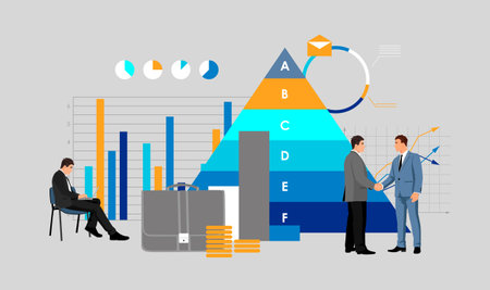 People characters analysis financial data, infographic, colorful diagrams on background. Business project boost and rise, arrows grow up. Handshaking with managers analyzing. flat vector illustrationのイラスト素材