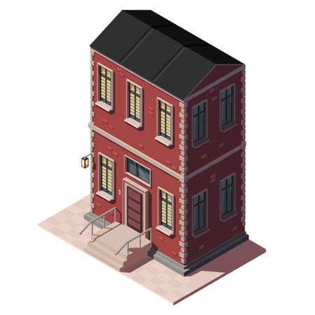 Isometric red building collection for city map creation. Icon element represents low poly town house, apartment. Cityscape of retro style architecture isolated on white background. vector illustrationのイラスト素材