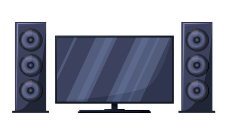 TV with stereo loud speakers isolated on white background. home cinema led screen appliance. Black multimedia system house theater. Collection realistic mockup home appliances. vector illustrationのイラスト素材