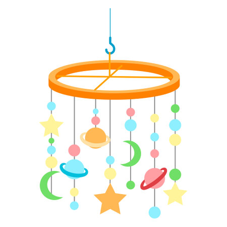 Baby item icon in realistic flat design. Flying carousel for child crib and bassinet. Colorful newborn rattle with star, moon, planet in sleep bed. Vector illustration isolated on white backgroundのイラスト素材