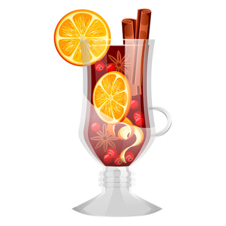 Alcoholic mulled wine in glass isolated on white background. Christmas cocktail with ingredients cinnamon stick, orange slice and red cranberries. Beautiful and tasty winter drink. vector illustrationのイラスト素材