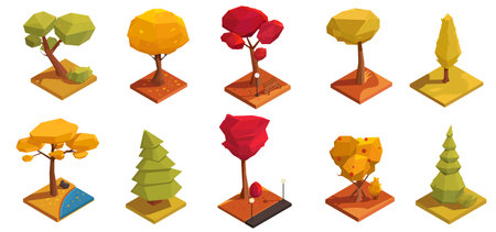Set of autumn trees in various colors and different crowns. Forrest plants in polygonal, geometric, 3d isometric concept. Design element for graphic city map park and garden. vector illustrationのイラスト素材