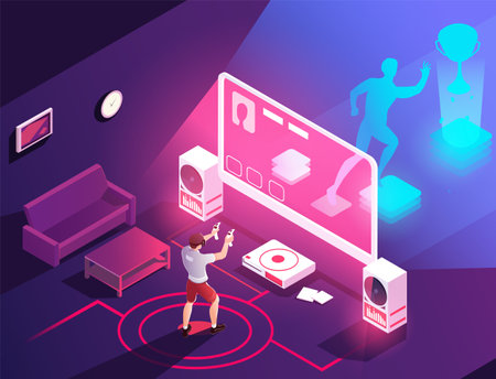 Man playing VR video game indoor. Sport gaming in virtual reality headset gadget. Augment entertainment technology. Player with gamepad buttons stand in front of monitor interface. vector illustrationのイラスト素材