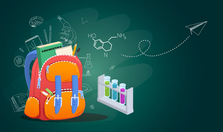 Back to school banner, poster. School bag with school supplies and chemistry test tube on background of chalkboard with different scientific icons. vector illustrationのイラスト素材