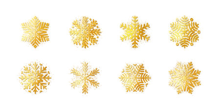 Golden set of snowflakes isolated on white background. Modern design ornate decoration for Christmas or new year party, celebration. Silhouette of frozen snow flakes icons. vector illustrationのイラスト素材