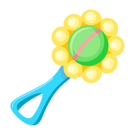 Baby item icon in realistic flat design. Image with colorful rattle handle for child and kid. Fun shake and joy activity and education for newborn. Vector illustration isolated on white background.のイラスト素材