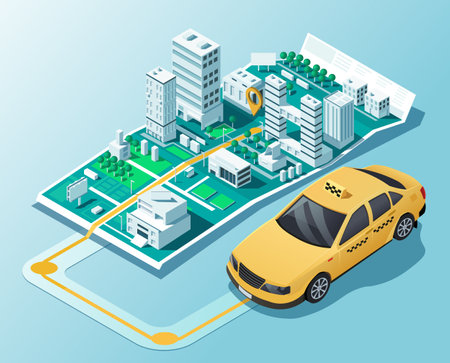 Isometric city map with route for taxi service. Web tracking system for delivery in town. Yellow taxi cab drive to point in location cityscape. Online order a taxi transportation. vector illustrationのイラスト素材