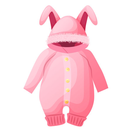 Baby item icon in realistic flat design. Pink hoody with rabbits ears on hood for newborn child. Fashion collection clothes with buttons for sleeping. Vector illustration isolated on white background.のイラスト素材