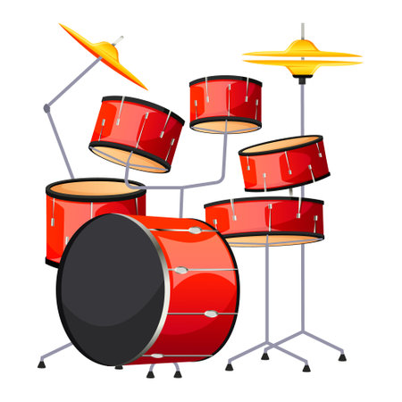 Red drum set isolated on wgite backgorund. Drumming kit flat style. Drum set with brass metal cymbals musical instrument. Percussion instruments family. Equipment for rock concert. vector illustrationのイラスト素材