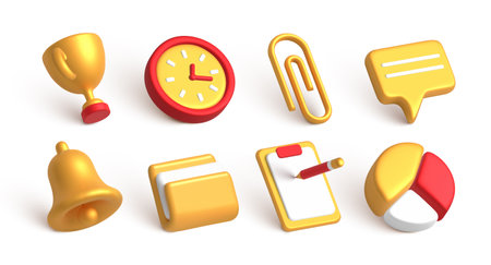 isometric icon set. 3d design symbols for app with different elements golden cup, clock, stationery clip, ring bell, notebook, file and folder. Web chat office buttons collection. vector illustrationのイラスト素材