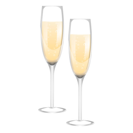 Two full glasses with bubbly champagne isolated on white background. Merry Christmas and Happy New Year concept image. Couple golden sparkling glasses of champagne design element. vector illustrationのイラスト素材